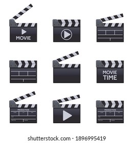 Movie clapperboards. Cinema wooden clapper with titles, filmmaking symbols. Moviemaking clappers vector illustration. Cinematography element for film production, media equipment set
