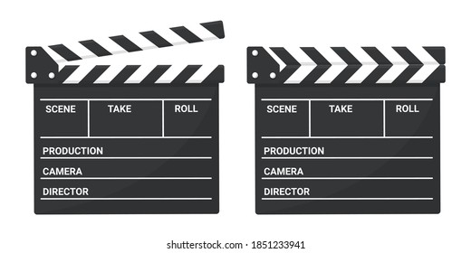 Movie clappers open and close, isolated on white background. Clapperboard concept for film cinema. Flat design. Vector illustration.