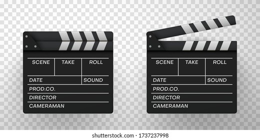 Movie clappers open, closed icons set. Clapperboards, sync or time slates in realistic style. Filmmaking, video production black devices. Vector illustration isolated on transparent background.