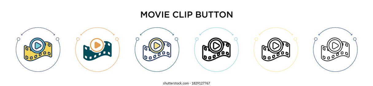 Movie clip button icon in filled, thin line, outline and stroke style. Vector illustration of two colored and black movie clip button vector icons designs can be used for mobile, ui, web