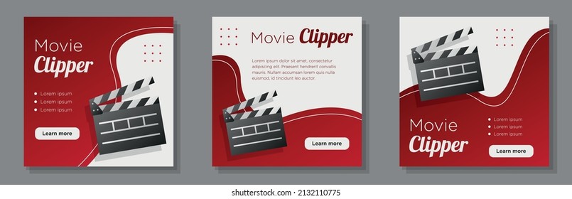 Movie clipper social media post, banner set, cinematic theater advertisement concept, theater marketing square ad, abstract print, isolated on background.