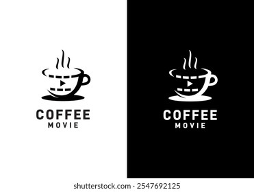 movie with coffee cup logo. film strip videography production symbol vector template