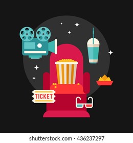 Movie Concept Flat Style Vector Illustration. Chair in Movie Theater. Popcorn, 3D Glasses, Ticket, Projector