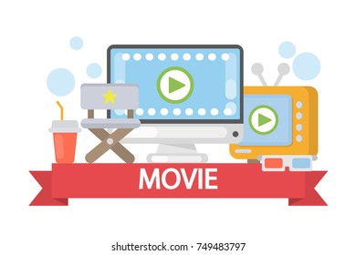 Movie concept illustration. Film on the screen of computer and TV.