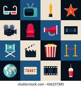 Movie Concept. Set of Flat Style Vector Icons, 3D glasses, Movie Theater, Movie Projector, Popcorn, Cinematic Award, Movie Premiere