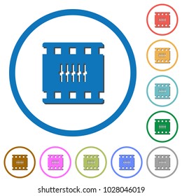 Movie controlling flat color vector icons with shadows in round outlines on white background