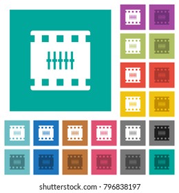 Movie controlling multi colored flat icons on plain square backgrounds. Included white and darker icon variations for hover or active effects.