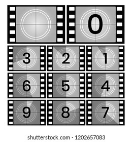 Movie count. Retro film countdown frames, old cinema filmstrip count down slides vector illustration