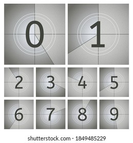 Movie Count Timer. Vintage Cinema Countdown Frames, Old Movie Timer Frames From 0 To 9 Numbers. Movie Intro Counting Vector Illustration Set. Film Retro Projector, Television Screen