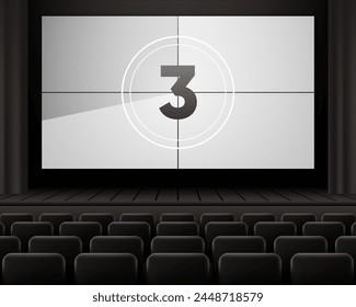 Movie Countdown. Movie cinema premiere on big screen. Old film movie timer count. Vintage cinema. Number count. Vector illustration.