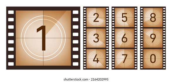 Movie countdown. Cinema screen old film, abstract numbers frames for start or finish tape. Tv strip, retro hollywood cinematography, animation exact vector concept