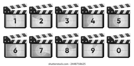 Movie Countdown. Film clapper board. Old film movie timer count. Vintage cinema. Number count. Vector illustration.