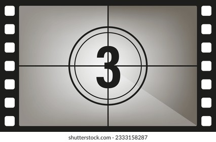 Сlassic movie countdown frame at the number three. Vintage retro cinema. Abstract concept graphic element. Art design. Vector illusration EPS 10