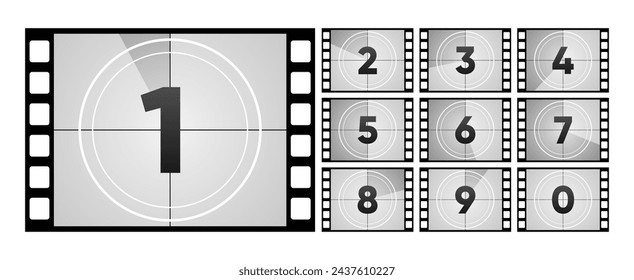 Movie Countdown Frame. Retro design. Old film movie timer count. Vintage cinema. Number count. Vector illustration.