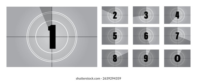 Movie Countdown Frame. Retro design. Old film movie timer count. Vintage cinema. Number count. 