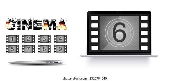 Movie countdown numbers on the laptop screen. Burning text cinema. Movie countdown numbers vector set. The countdown to the start of the old film.