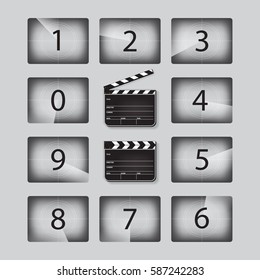 Movie countdown numbers set with clapperboards in different positions. Vector realistic illustration.