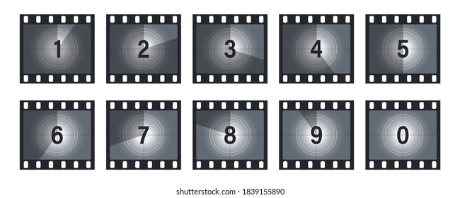 Movie countdown numbers Set. The start of the old film. Retro cinema movie timer count. Old film of countdown frame. Vintage silent film screen with circle sections timer on grunge film background