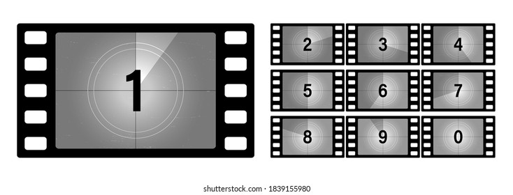 Movie countdown numbers Set. The start of the old film. Retro cinema movie timer count. Old film of countdown frame. Vintage silent film screen with circle sections timer on grunge film background