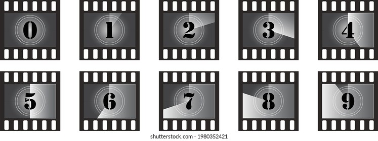 Movie countdown numbers Set. The start of the old film. Retro cinema movie timer count. Old film of countdown frame. Vintage silent film screen with circle sections timer on grunge film background