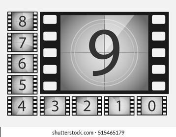 Movie countdown numbers vector set. The countdown to the start of the old film. The timer countdown cinema isolated from the background