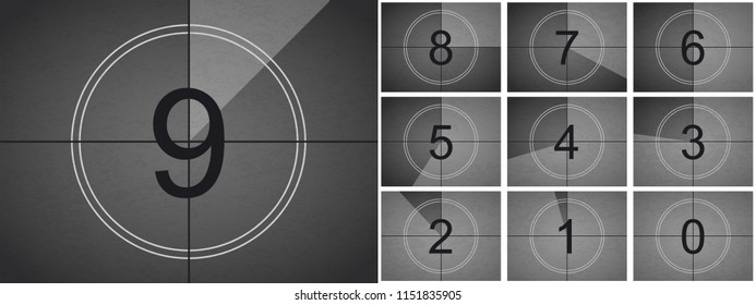 Movie countdown or retro cinema film screen with circle sections timer on grunge film background