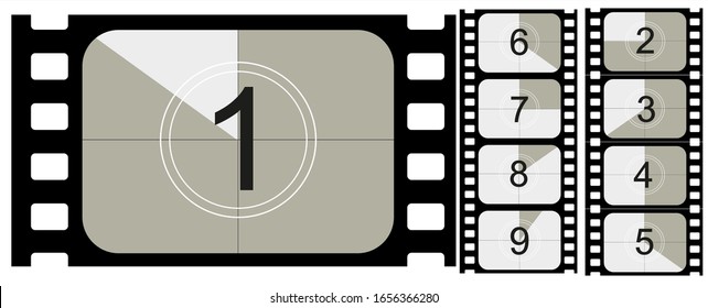 Movie countdown, vintage silent film and blank full frame still photography film realistic thirty five millimeters proportions, set of icons. Vector illustration EPS 10