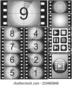 Movie countdown, vintage silent film and blank full frame still photography film (realistic thirty five millimeters proportions), set of icons
