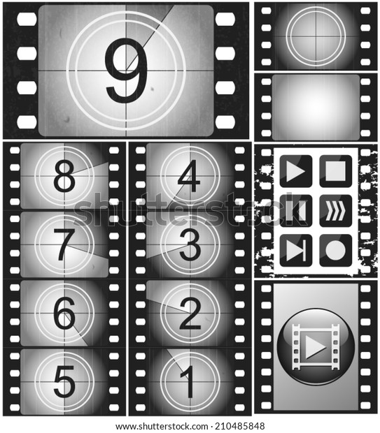 Movie countdown, vintage silent film and\
blank full frame still photography film (realistic thirty five\
millimeters proportions), set of\
icons
