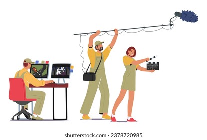 Movie Crew Characters Collaborate Under The Guidance Of The Visionary Director, Bringing Cinematic Magic To Life With Passion, Precision, And Creative Expertise. Cartoon People Vector Illustration