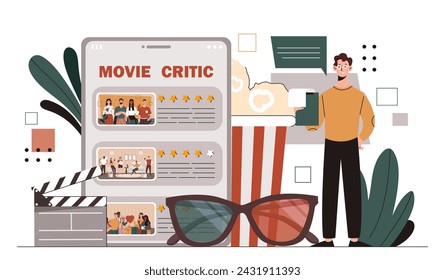 Movie critic concept. Young guy with 3D glasses and pop corn near electronic digital tablet. Character give reviews to fims and series. Cinema industry. Cartoon flat vector illustration