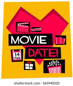 Movie Date 14 February (Flat Style Vector Illustration Valentine Poster Design)
