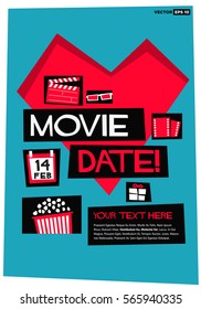 Movie Date 14 February (Flat Style Vector Illustration Valentine Poster Design) with Text Box Template