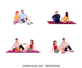 Movie date couples semi flat RGB color vector illustration set. Romantic pastime for woman and man. Film premier on weekend. Lovers isolated cartoon character on white background collection