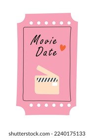 Cupón de fecha de película. Fecha romántica, ternura y amor. Cinematografía, películas y series. Creatividad y arte. Concepto de día de San Valentín y aniversario de bodas. Dibujo vectorial plano de dibujos animados