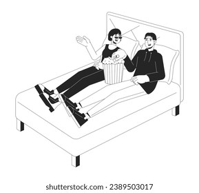 Movie date night at home black and white cartoon flat illustration. Korean couple eating popcorn sitting on bed 2D lineart characters isolated. Home cinema monochrome scene vector outline image