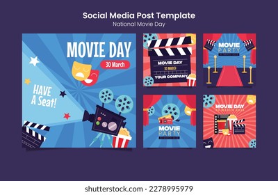 movie day icons set with popcorn bucket, Camera, Movie Ticket, Clapperboard concept on blue background. world film day illustration.