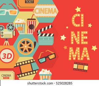 Movie design background anwith cinema icons in flat style. Vector.