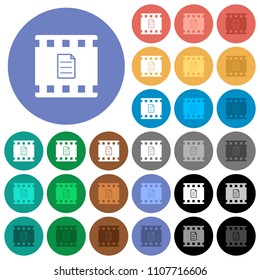 Movie details multi colored flat icons on round backgrounds. Included white, light and dark icon variations for hover and active status effects, and bonus shades on black backgounds.