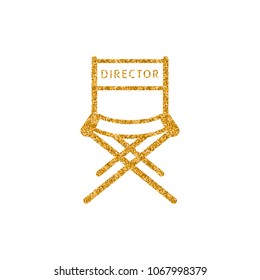 Movie director chair icon in gold glitter texture. Sparkle luxury style vector illustration.