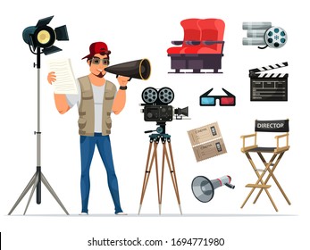 Movie director cinematography equipment flat set. Man holding script sheets talking to megaphone. Lights, armchair, stool, tickets, camera, film bobbin, glasses, clapper board. Vector illustration