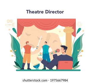 Movie director concept. Film director leading a filming process. Clapper and camera, professional multimedia equipment. Idea of creative people and profession. Flat vector illustration