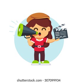 Movie director girl in directors hat standing with with loud speaker and clapperboard. Flat style cartoon vector illustration isolated on white background.