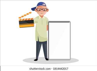 Movie director is holding a clapperboard and standing with whiteboard. Vector graphic illustration. Individually on a white background.