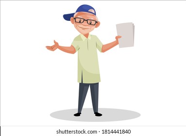 Movie director is holding paper in hand and explaining. Vector graphic illustration. Individually on a white background.