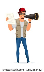 Movie director male character with script paper sheets in hands standing isolated on white. Man filmmaker in casual clothes, cap, glasses talking in megaphone. Cinematography. Vector illustration