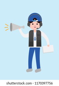 Movie director man in directors hat standing with megaphone and paper - Vector flat cartoon illustration