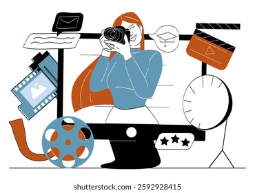 Movie director online course. Woman at computer screen with camera. Filmmaker and film industry. Movies and series production. Cinematography and multimedia. Linear vector illustration