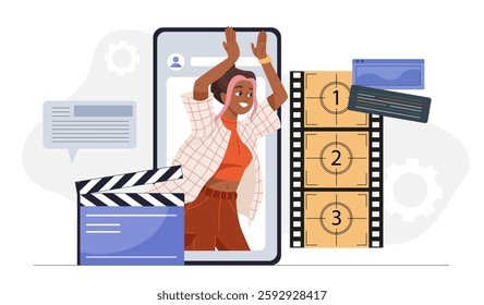 Movie director online. Woman at smartphone screen near clapperboard and film reel. Filmmaking and film industry. Movies and series production on internet. Flat vector illustration