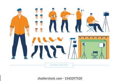 Movie Director, Screenwriter Character Constructor Trendy Flat Vector Isolated Design Elements Set. TV-Show Producer in Various Poses, Body Parts, Face Expressions, Filming Equipment Illustration